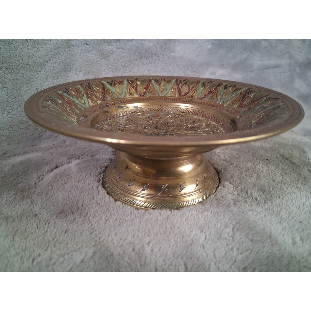 Vtg Hand Etched Brass Pedestal Bowl  Floral Candy Trinket Jewelry Dish 5.5"